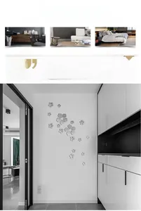 Detailed view of silver 3D acrylic mirror cherry blossom wall stickers in a modern hallway