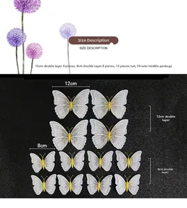 Detailed size chart for 12pcs 3D double-layered white butterfly wall stickers with gold dust