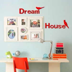 Detail view of Dream House 3D acrylic mirror wall stickers with white multi-frame photo display