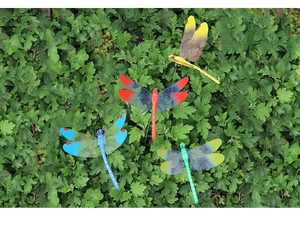 Gros plan détaillé de quatre tuteurs de jardin libellules 3D colorés de 14 cm