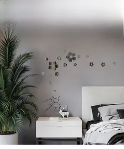 Detail of 3D silver acrylic mirror flower wall stickers showing DIY embossed cherry blossoms