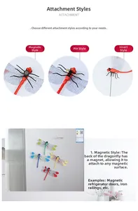 Détail de libellules décoratives avec options de fixation magnétique, épingle et tige