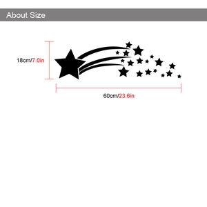 Detailed size chart for black star comet acrylic mirror wall sticker with 60cm width