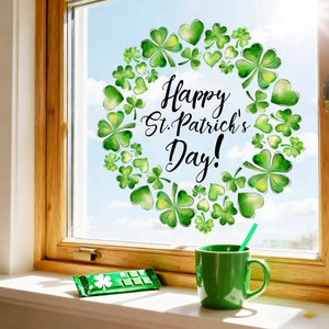 Detailansicht der St. Patrick's Day Fensteraufkleber mit Kleeblättern auf einer Glasscheibe