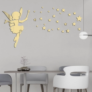 Golden 3D acrylic fairy with stars mirror wall sticker set for bedroom decor