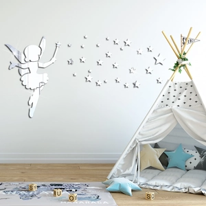 Detailed view of silver mirror acrylic fairy and star wall stickers in a cozy nursery