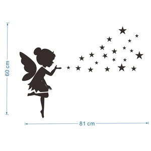 Fairy and stars acrylic wall decal in black silhouette for bedroom wall decor, 60x81cm