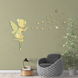 Golden acrylic mirror wall sticker set featuring a fairy blowing stars for home decor