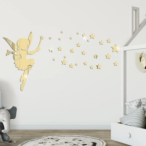 Golden acrylic 3D fairy with stars mirror wall sticker for creative home bedroom decor