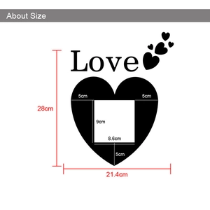 Detailed size specifications for heart-shaped acrylic 3D mirror light switch wall sticker