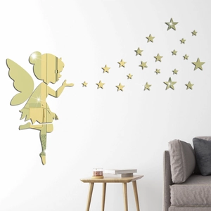 Golden acrylic mirror wall sticker featuring a fairy blowing stars for home decor