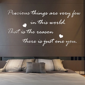 3D silver acrylic mirror wall decal with precious quote and hearts for bedroom decor