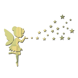 Detail of 3D acrylic mirror wall stickers featuring a fairy blowing golden stars