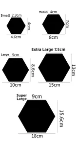 Size chart showing small to extra large hexagonal acrylic mirror wall stickers in cm