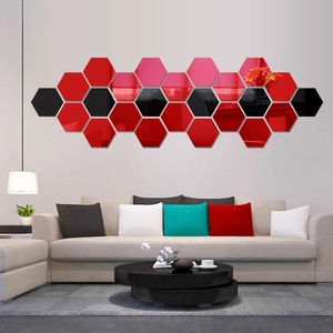 Modern hexagonal acrylic mirror wall stickers in red, black and pink for home decor