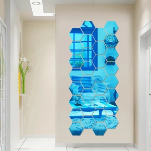 Detail of 24 pieces blue hexagonal acrylic mirror wall stickers for modern home decoration