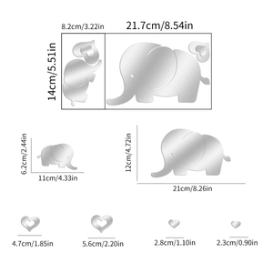 Detailed size chart for silver acrylic elephant and heart mirror wall sticker set