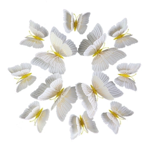 Set of 12 3D white butterfly wall stickers with golden details and yellow bodies