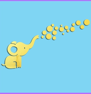Macro detail of elephant wall stickers in 3D acrylic mirror with golden finish