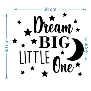 Detailed size chart for Dream Big acrylic mirror wall stickers showing dimensions 56x50 cm