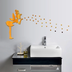 Détail de l'autocollant mural miroir en acrylique Fée Clochette avec étoiles d'or