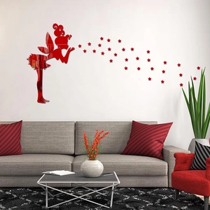 Sticker mural miroir 3D en acrylique fée rouge soufflant des étoiles pour décoration