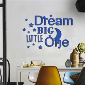 Blue 3D mirror acrylic Dream Big wall stickers with stars and moon on a dining room wall