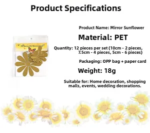 Detailed specs for 12pcs gold mirror PET sunflower wall stickers in assorted sizes