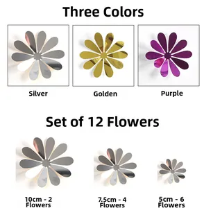 Detailed size guide for 3D mirror flower wall stickers in silver gold and purple colors