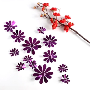 Detailed view of purple mirror acrylic flower wall stickers in varied sizes and shapes