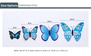 Size guide for blue 3D butterfly wall stickers showing 6cm to 12cm wing dimensions