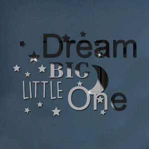 Detail of silver acrylic mirror wall stickers with Dream Big text and stars on a wall