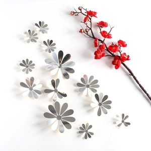 Set of 13 silver mirror flower wall stickers for home decor in various sizes