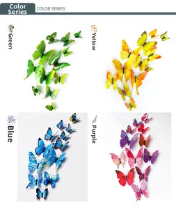 3D butterfly wall stickers set in vibrant green, yellow, blue, and purple color series