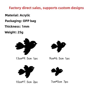 Detail of 11-piece black acrylic flying bird wall stickers with 1mm thickness specifications