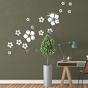 Modern 3D acrylic mirror flower wall stickers in silver finish for home wall decor