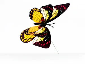 Close-up of 12cm double-layered 3D PVC butterfly decoration with black, yellow, and red wings