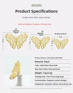 Three sizes of 3D hollow butterfly wall stickers in gold silver and rose gold finishes