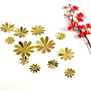 Golden 3D mirror daisy wall stickers set featuring reflective sunflower acrylic accents