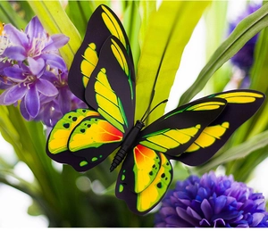 Macro detail of 12cm double-layer PVC butterfly stake for outdoor garden decoration