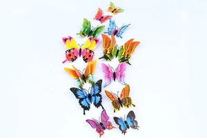 Detailed view of twelve colorful 3D double-layer magnetic PVC butterflies for wall decor