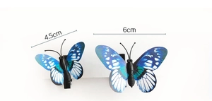 Detailed view of realistic blue butterfly hair clips in 4.5cm and 6cm sizes on white background