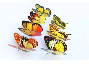 Dettaglio di adesivi a farfalla 3D realistici in PVC giallo e arancione con magneti