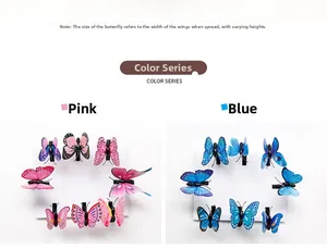 Detailed view of 3D butterfly hair clips in pink and blue on display cards