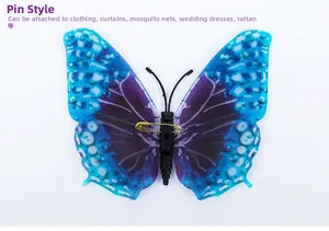 Detail of 8cm luminous butterfly pin with dark blue gradient wings for curtain decoration
