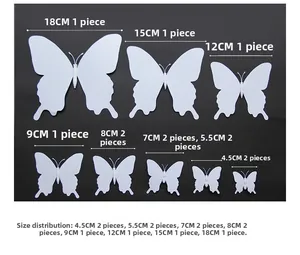 Size chart showing 12 pieces of white 3D PVC butterfly wall decals from 4.5cm to 18cm