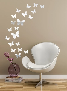 3D silver mirror butterfly wall stickers arranged on a modern living room wall decor