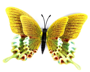 Détail d'un papillon magnétique 3D double couche de 15 cm avec motifs d'ailes jaunes réalistes