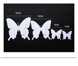 Detailed size guide for 3D double-layer white butterfly wall stickers in four sizes