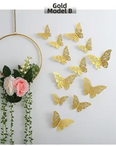 Detail of 12pcs gold 3D hollow butterfly wall stickers with metallic texture for home decor
